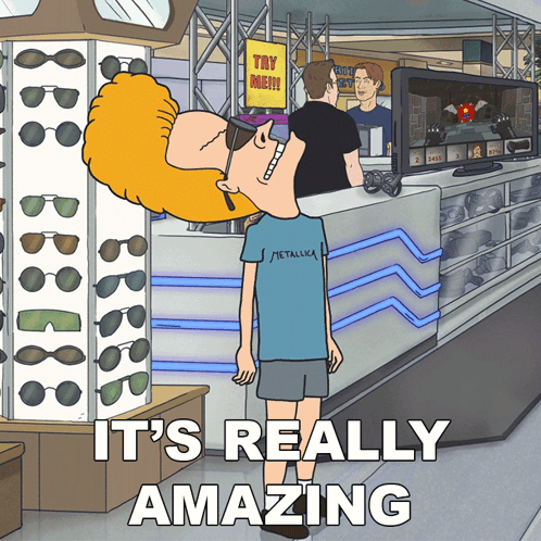 A Cartoon Of A Man Wearing A Metallica Shirt Standing In A Store GIF