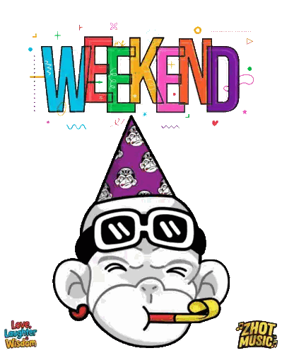a cartoon of a man wearing a party hat with monkeys on it and the word weekend in the background