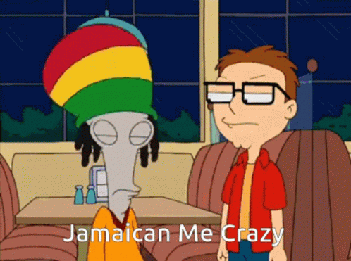 A Cartoon Of A Man Wearing A Rasta Hat With The Caption Jamaican Me Crazy GIF