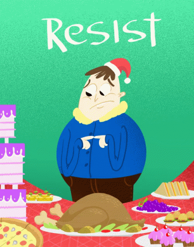 A Cartoon Of A Man Wearing A Santa Hat Sitting At A Table Full Of Food With The Word Resist Written On The Bottom GIF