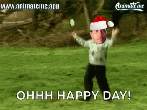 A Cartoon Of A Man Wearing A Santa Hat With The Words Ohhh Happy Day GIF