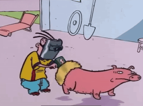 A Cartoon Of A Man Wearing A Welding Mask Standing Next To A Pink Pig GIF