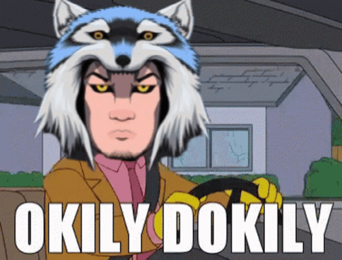 A Cartoon Of A Man Wearing A Wolf Hat With The Words Okily Dokily Written Below Him GIF