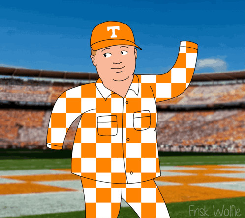 A Cartoon Of A Man Wearing An Orange And White Checkered Shirt And A Hat With The Letter T On It GIF