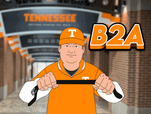 A Cartoon Of A Man Wearing An Orange Shirt With The Letter T On The Front GIF