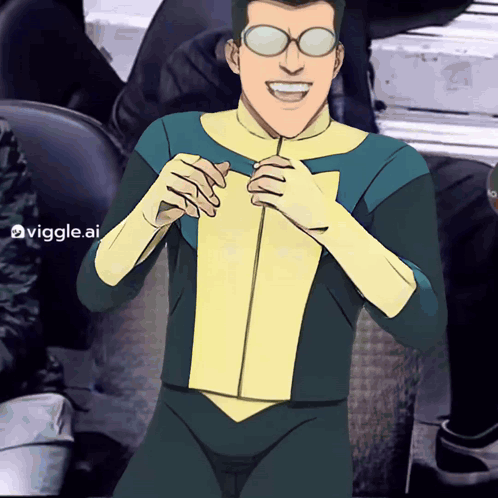 a cartoon of a man wearing glasses and a superhero costume with a viggle.ai watermark in the corner