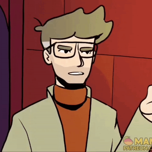 A Cartoon Of A Man Wearing Glasses And A Turtleneck Has The Word Patreon On The Bottom GIF