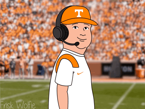 A Cartoon Of A Man Wearing Headphones And An Orange Hat With The Letter T On It GIF