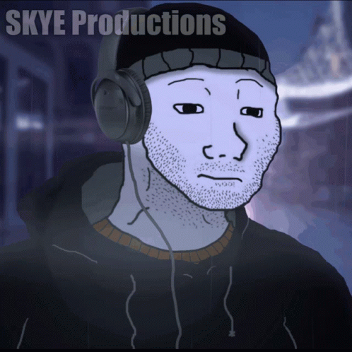 A Cartoon Of A Man Wearing Headphones With The Words Skye Productions In The Corner GIF
