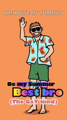 A Cartoon Of A Man Wearing Sunglasses And A Bathhouse In Toronto Shirt GIF
