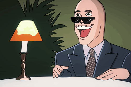 A Cartoon Of A Man Wearing Sunglasses And A Lamp Behind Him GIF