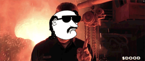 A Cartoon Of A Man Wearing Sunglasses And A Name Tag That Says ' $ Dood ' On The Bottom GIF