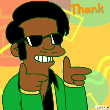 A Cartoon Of A Man Wearing Sunglasses And Giving A Thumbs Up With The Word Thank In The Background GIF