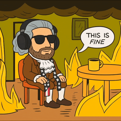 A Cartoon Of A Man Wearing Sunglasses And Headphones Saying " This Is Fine " GIF