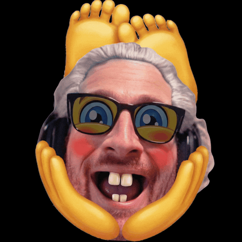 A Cartoon Of A Man Wearing Sunglasses And Headphones With Yellow Feet Behind His Head GIF