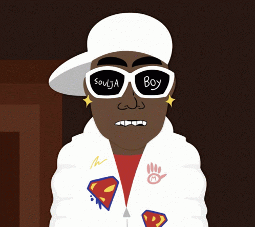 A Cartoon Of A Man Wearing Sunglasses That Say Soulja Boy On Them GIF