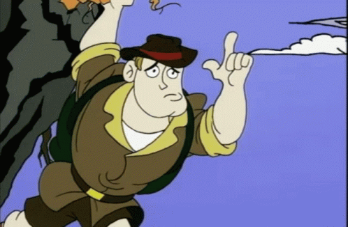 A Cartoon Of A Man With A Backpack Pointing Up GIF