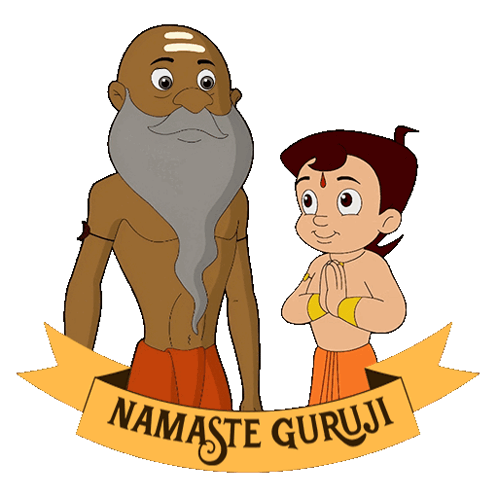 A Cartoon Of A Man With A Beard And A Boy With A Namaste Guruji Banner GIF