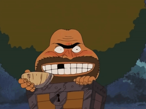 a cartoon of a man with a beard and a clown holding a treasure chest