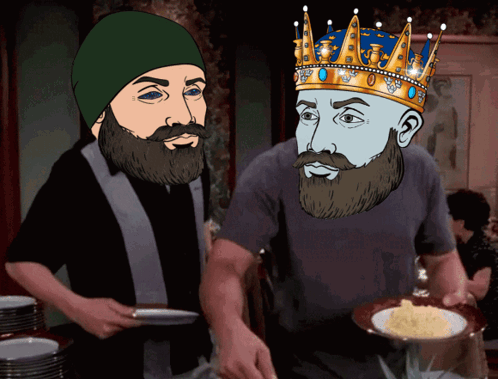 A Cartoon Of A Man With A Beard And A King With A Crown On His Head GIF