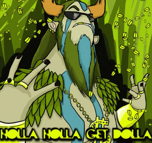 A Cartoon Of A Man With A Beard And Horns With Holla Holla Get Dolla Written Below Him GIF