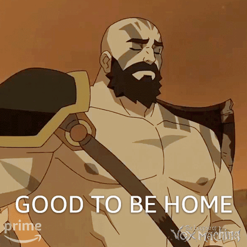A Cartoon Of A Man With A Beard And The Words " Good To Be Home " GIF