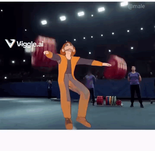 a cartoon of a man with a beard is dancing in front of a sign that says viggle ai