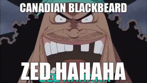 A Cartoon Of A Man With A Beard Is Laughing With The Words `` Canadian Blackbeard Zed Hahaha '' . GIF