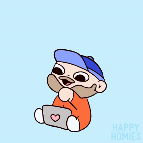 A Cartoon Of A Man With A Beard Sitting On A Laptop With The Words " Good Morning " Above Him GIF