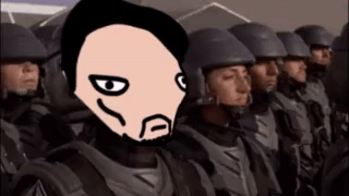 A Cartoon Of A Man With A Beard Standing In Front Of A Group Of Soldiers . GIF