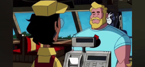 a cartoon of a man with a beard talking to another man