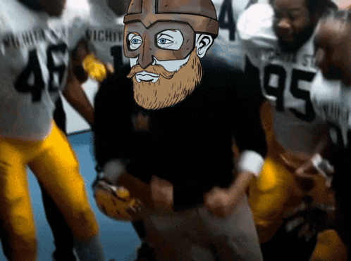 a cartoon of a man with a beard wearing a helmet and a number 95 jersey