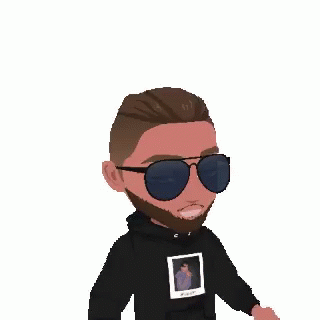 A Cartoon Of A Man With A Beard Wearing Sunglasses And A Black Hoodie With A Picture On It . GIF
