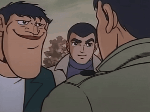A Cartoon Of A Man With A Big Head Talking To Another Man GIF