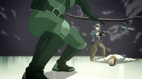 A Cartoon Of A Man With A Bow And Arrow Standing Next To A Man With A Camera GIF