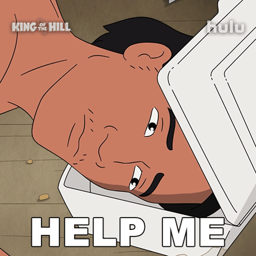 A Cartoon Of A Man With A Box On His Head And The Words Help Me GIF