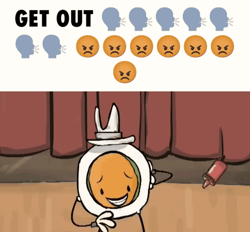 A Cartoon Of A Man With A Bunny Hat And The Words Get Out Above Him GIF