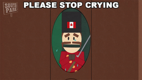 A Cartoon Of A Man With A Canadian Flag On His Hat And The Words Please Stop Crying GIF