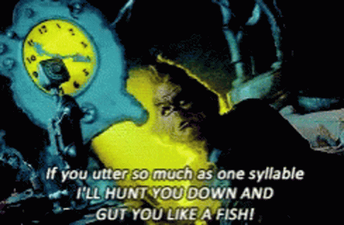 A Cartoon Of A Man With A Clock And The Words If You Utter So Much As One Syllable I 'Ll Hunt You Down GIF