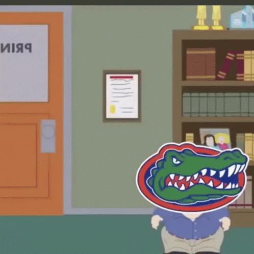 A Cartoon Of A Man With A Crocodile Head Standing In Front Of A Sign That Says " Library " GIF