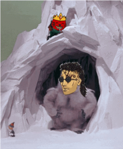 A Cartoon Of A Man With A Crown On His Head Standing In A Cave GIF