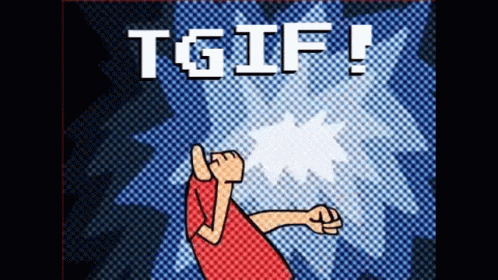 A Cartoon Of A Man With A Fist In The Air And The Words Tgif Written Above Him GIF
