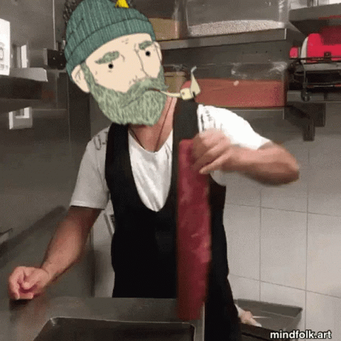 a cartoon of a man with a green beard and a beanie is cooking