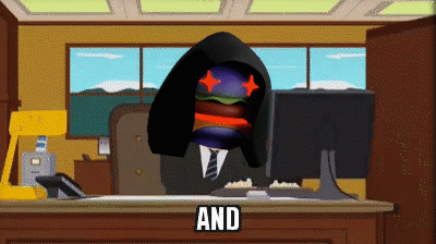 A Cartoon Of A Man With A Hamburger On His Head And The Word And Underneath Him GIF