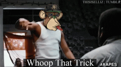A Cartoon Of A Man With A Monkey On His Head Says Whoop That Trick #Aapes GIF