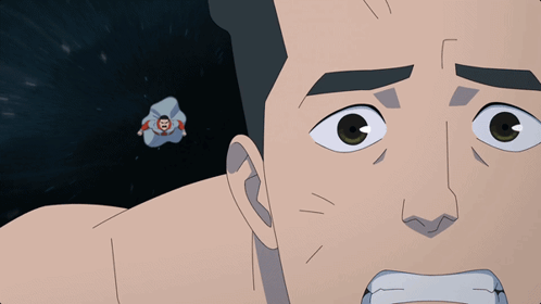 A Cartoon Of A Man With A Mustache And A Superhero In The Background GIF