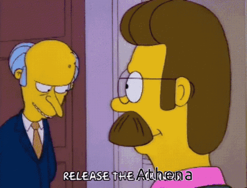 A Cartoon Of A Man With A Mustache And Glasses Says Release The Athena GIF