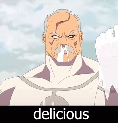 A Cartoon Of A Man With A Mustache And The Word Delicious Underneath Him GIF