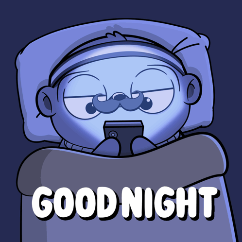 A Cartoon Of A Man With A Mustache Laying In Bed With The Words " Good Night " Below Him GIF