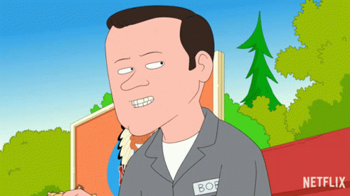 A Cartoon Of A Man With A Name Tag That Says Bof GIF